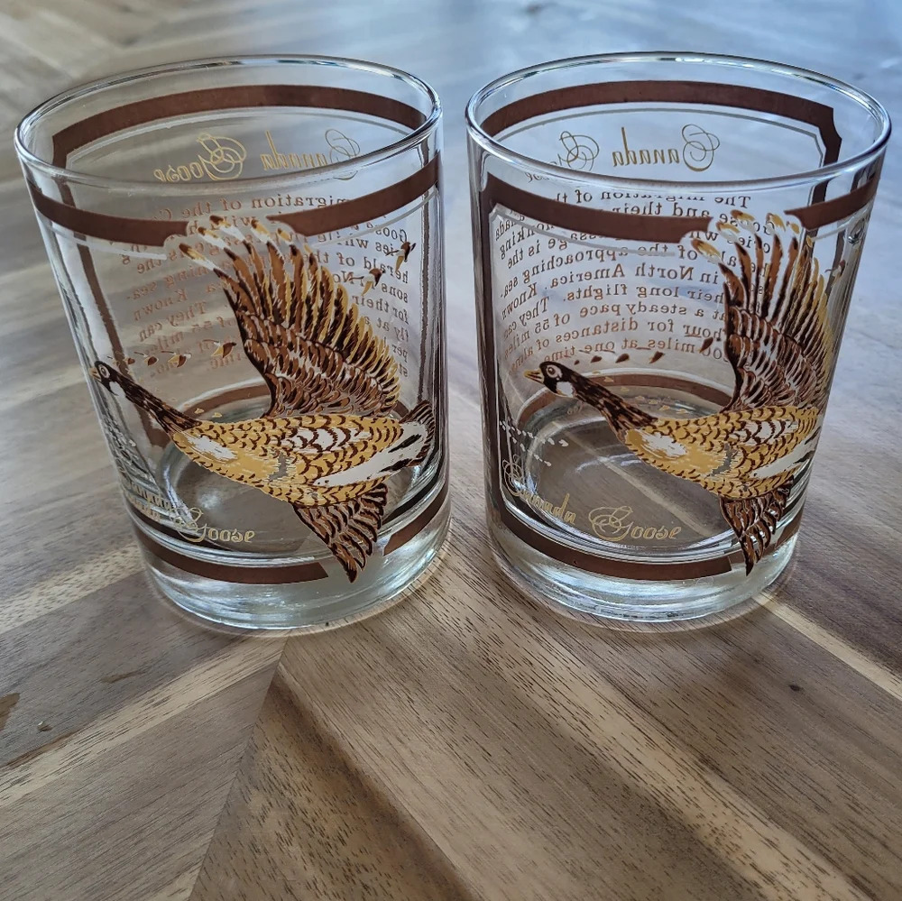 MCM Georges Briard Canada Goose Double Old Fashion Lowball  Glass PAIR Vintage